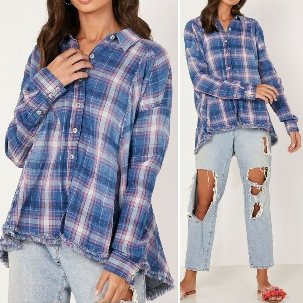 Free People We the Free Seeking Starlight Oversized Plaid Button Down, Size XS